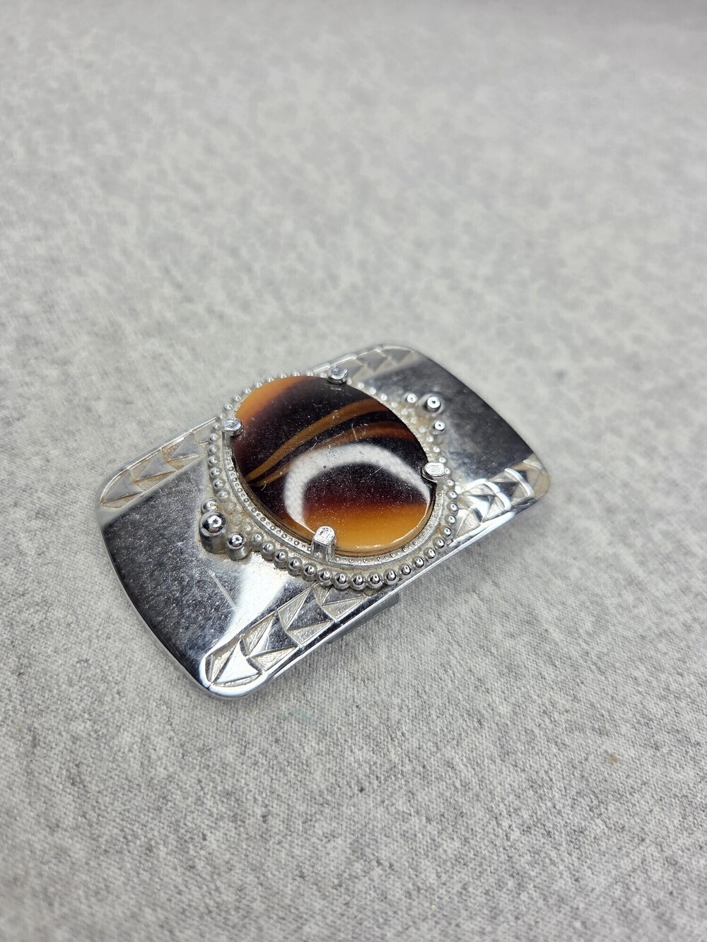 Womens Vintage Agate Stone Belt Buckle Silver Tone Brown Banded Cabochon